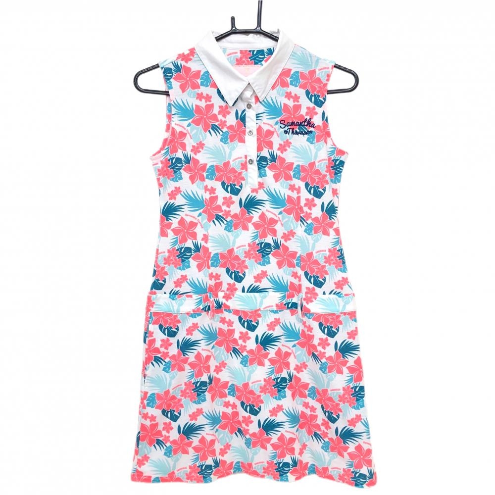【超美品】サマンサタバサUNDER25 ノースリーブワンピース 白×ピンク×グリーン 花柄 レディース M ゴルフウェア Samantha Thavasa