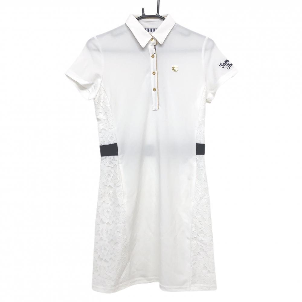 【新品】サマンサタバサNo.7 半袖ポロワンピース 白 背面レース 袖ロゴ刺しゅう  レディース 38(M) ゴルフウェア Samantha Thavasa