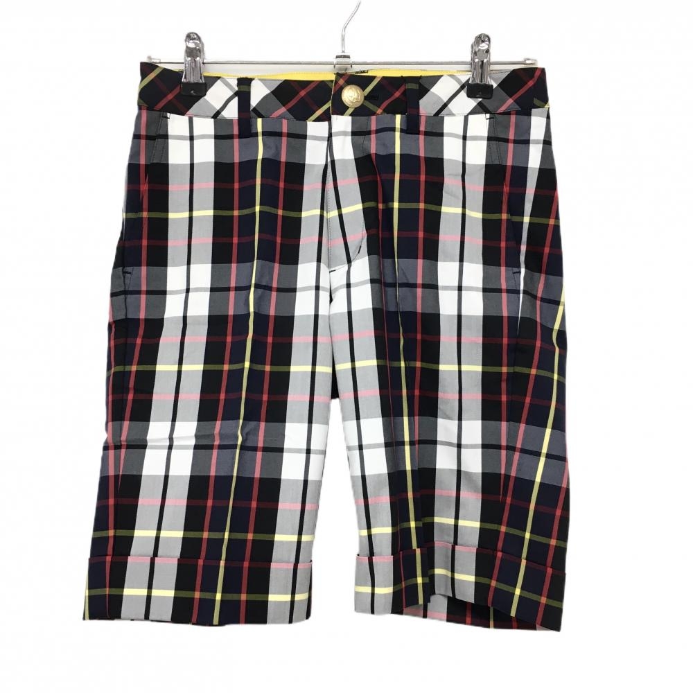 【新品】サマンサタバサ№7 ハーフパンツ 黒×イエロー×レッド チェック レディース 36(S) ゴルフウェア Samantha Thavasa