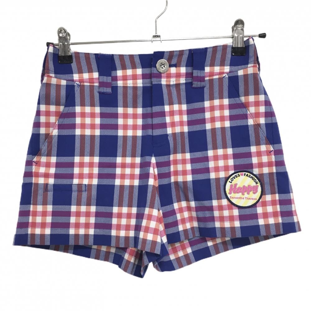 【超美品】サマンサタバサUNDER25 ショートパンツ ブルー×白×ピンク チェック ワッペン レディース S ゴルフウェア Samantha Thavasa