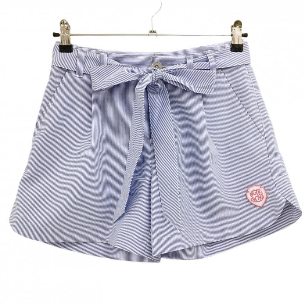【美品】サマンサタバサUNDER25 ショートパンツ 白×ブルー ストライプ 裾ワッペン  レディース M ゴルフウェア Samantha Thavasa