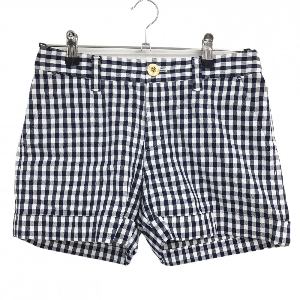 【超美品】サマンサタバサ ショートパンツ 白×ネイビー チェック柄 ロゴワッペン レディース M ゴルフウェア Samantha Thavasa