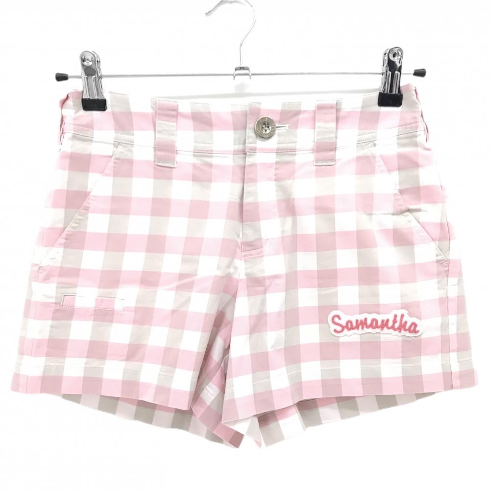 【美品】サマンサタバサUNDER25 ショートパンツ 白×ライトピンク×ベージュ チェック 裾ロゴ レディース S ゴルフウェア Samantha Thavasa