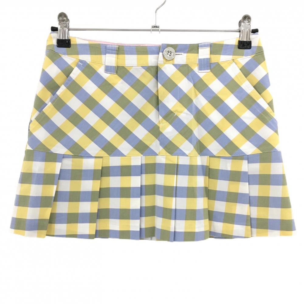 【超美品】サマンサタバサ スカート イエロー×ライトブルー チェック 裾プリーツ レディース M ゴルフウェア Samantha Thavasa