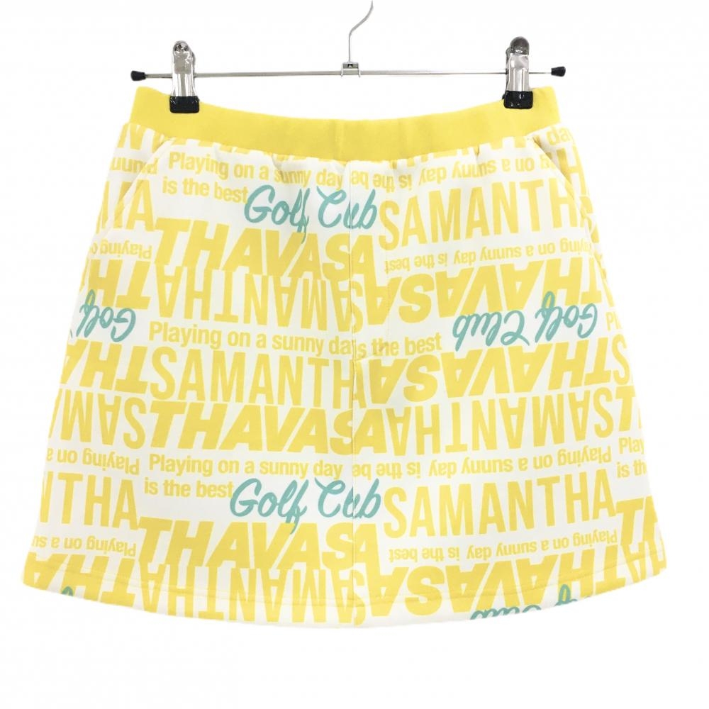 【美品】サマンサタバサUNDER25 ストレッチスカート 白×イエロー ロゴ総柄 レディース M ゴルフウェア Samantha Thavasa