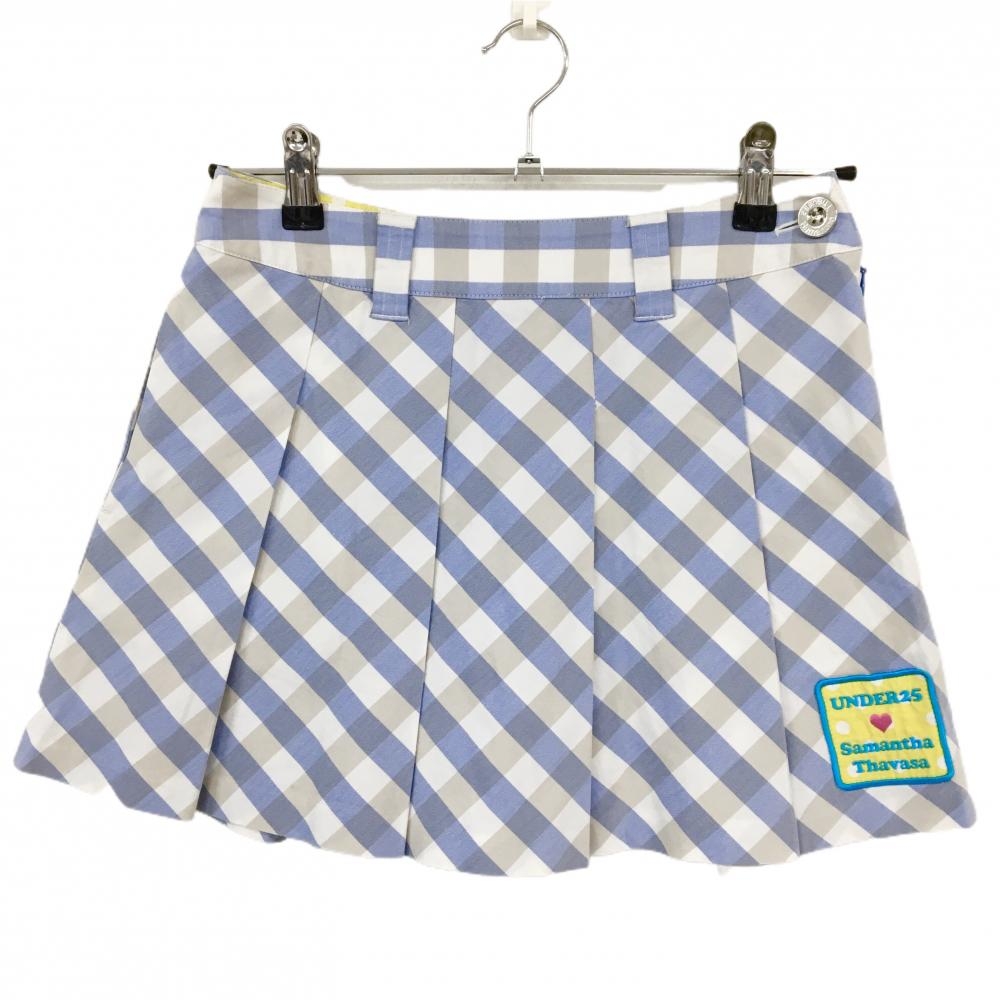 【美品】サマンサタバサUNDER25 プリーツスカート 白×ブルー チェック  レディース S ゴルフウェア Samantha Thavasa