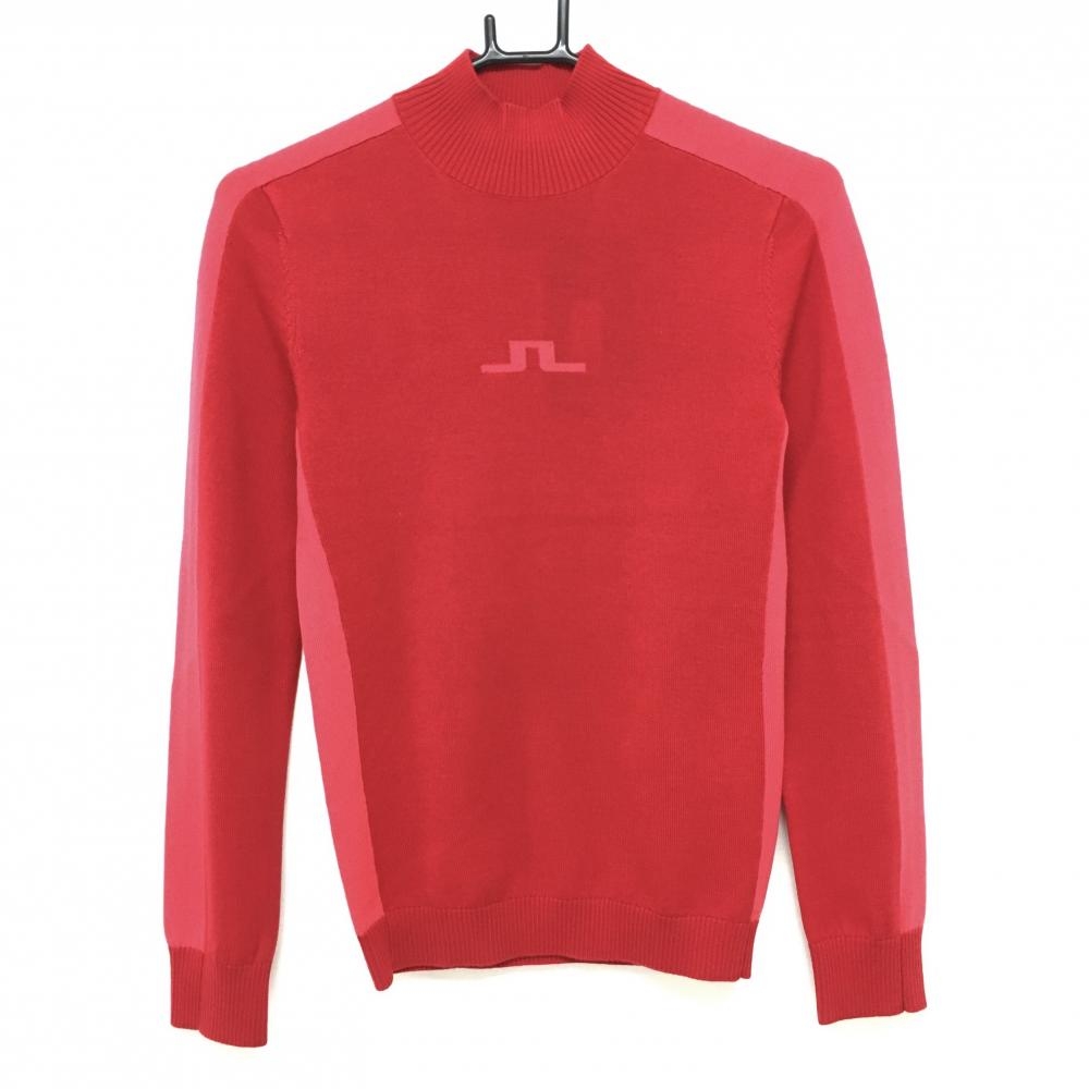 【新品】ジェイリンドバーグ ハイネックセーター レッド×ピンク サイド・袖ライン ウール100％  レディース XS ゴルフウェア J．LINDEBERG