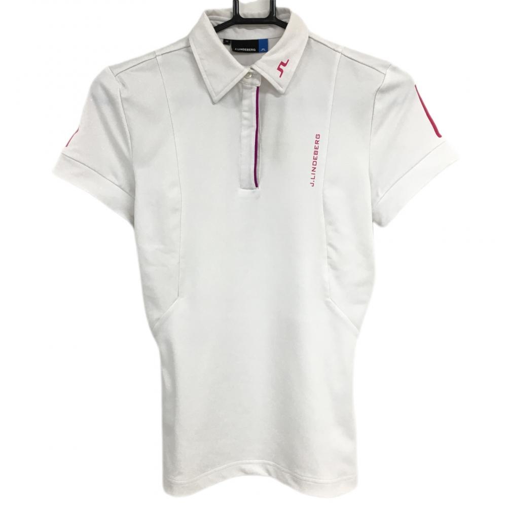 【美品】ジェイリンドバーグ 半袖ポロシャツ 白×ピンク ストレッチ レディース XS ゴルフウェア J．LINDEBERG
