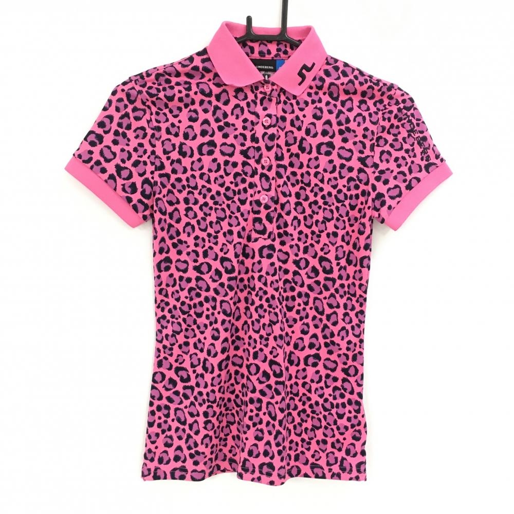 【超美品】ジェイリンドバーグ 半袖ポロシャツ ピンク×黒 レオバード  レディース XS ゴルフウェア J．LINDEBERG