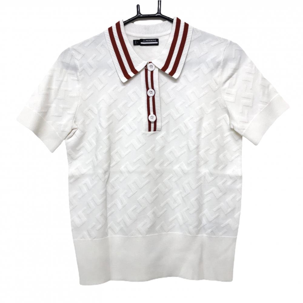 【超美品】ジェイリンドバーグ ニット半袖ポロシャツ 白×ブラウン系 ロゴ総柄編み レディース S ゴルフウェア J．LINDEBERG