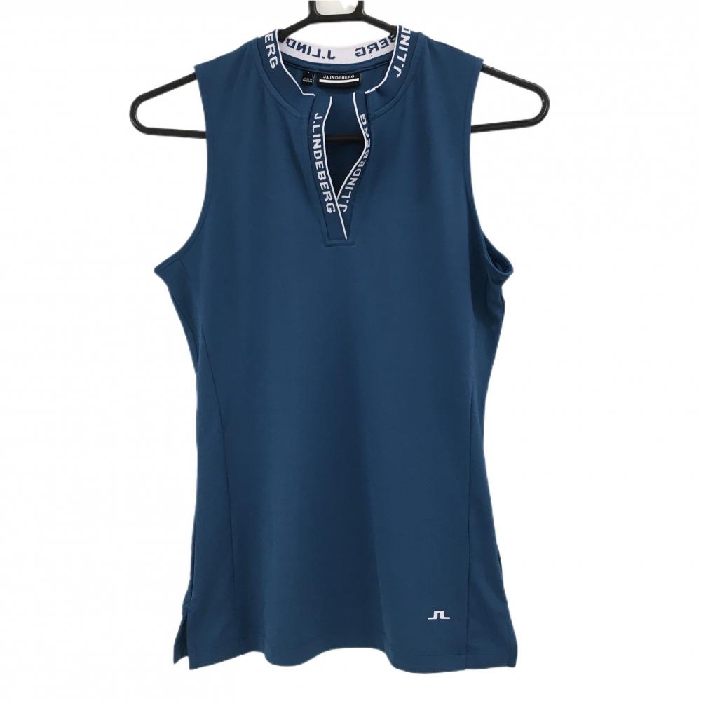 【超美品】ジェイリンドバーグ ノースリーブスキッパーシャツ グリーンブルー系×白 レディース S ゴルフウェア J．LINDEBERG