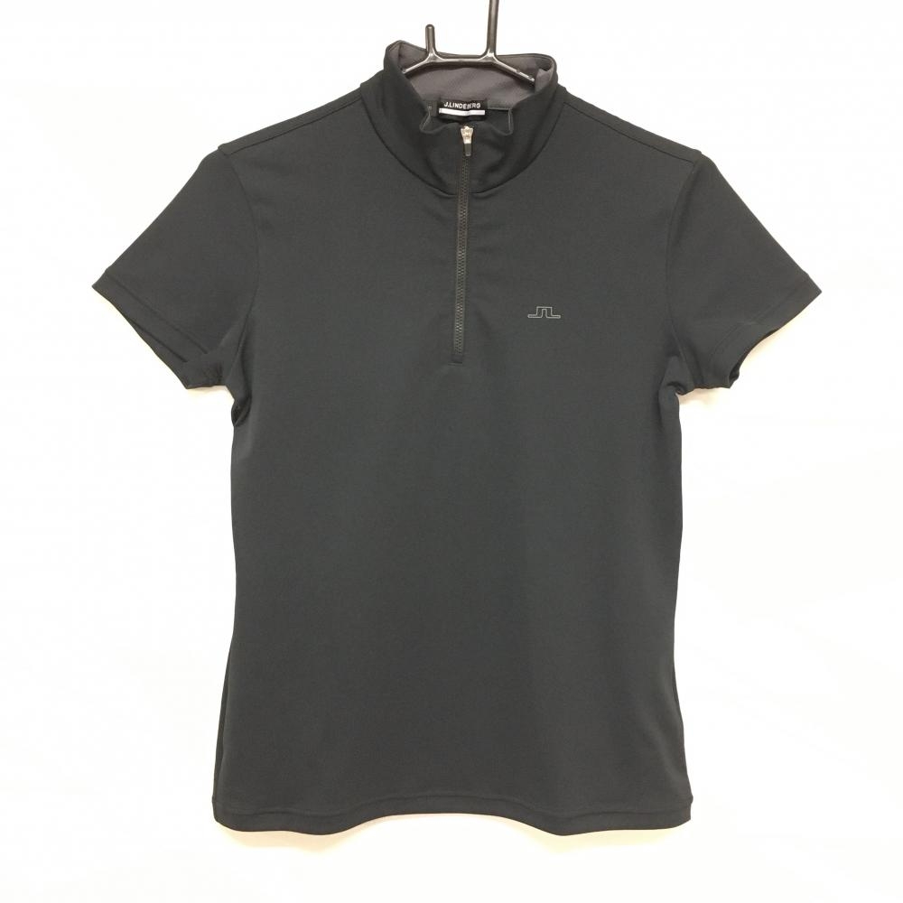 【超美品】ジェイリンドバーグ 半袖ハイネックシャツ 黒 ハーフジップ 胸ロゴ レディース S ゴルフウェア J．LINDEBERG