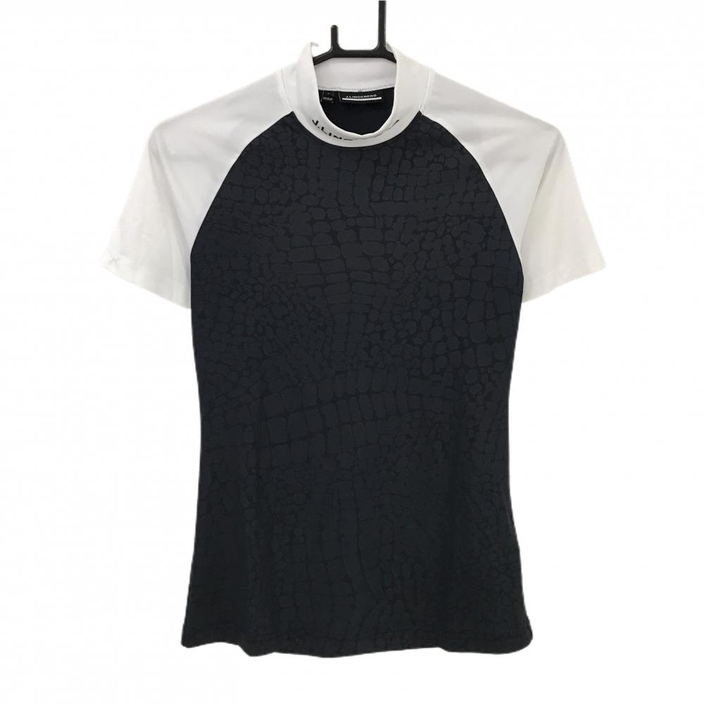 ジェイリンドバーグ 半袖ハイネックシャツ 黒×白 身頃総柄地模様 ストレッチ  レディース S ゴルフウェア J．LINDEBERG