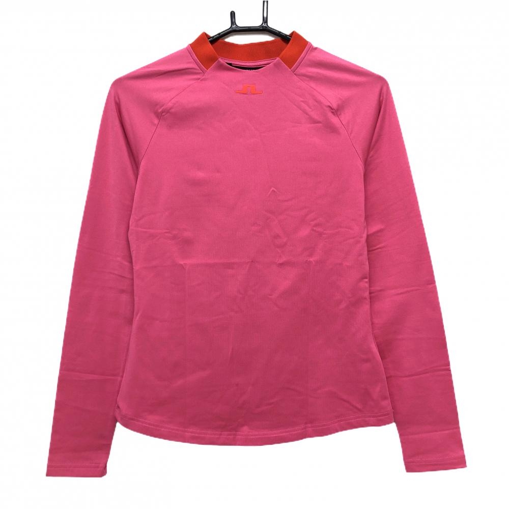 【美品】ジェイリンドバーグ 長袖ハイネックシャツ ピンク×レッド 裏微起毛 レディース S ゴルフウェア J．LINDEBERG