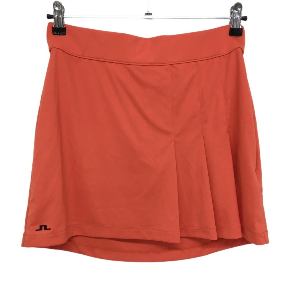 【美品】ジェイリンドバーグ スカート オレンジ 一部プリーツ 裾ロゴ 内側インナーパンツ レディース S ゴルフウェア J．LINDEBERG