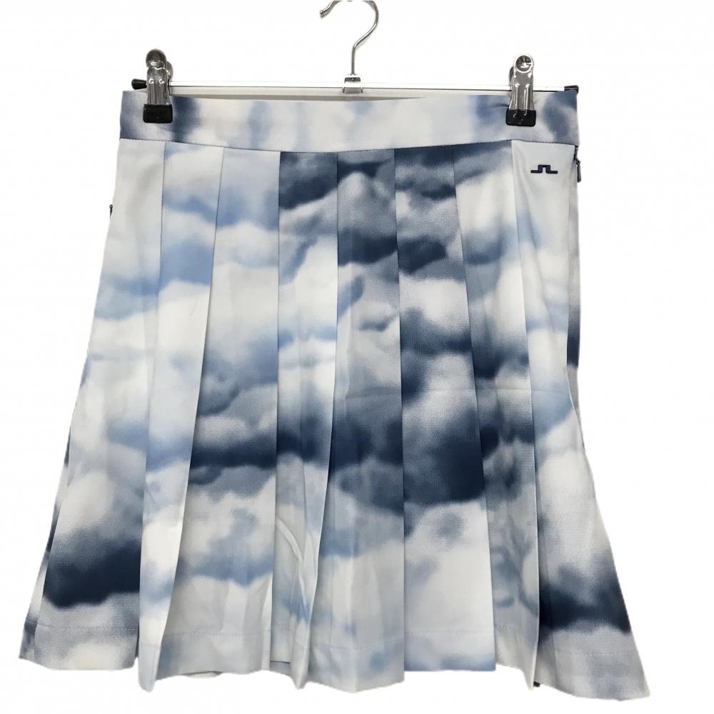 【美品】ジェイリンドバーグ プリーツスカート 白×ライトブルー×ネイビー 総柄  レディース S ゴルフウェア J．LINDEBERG
