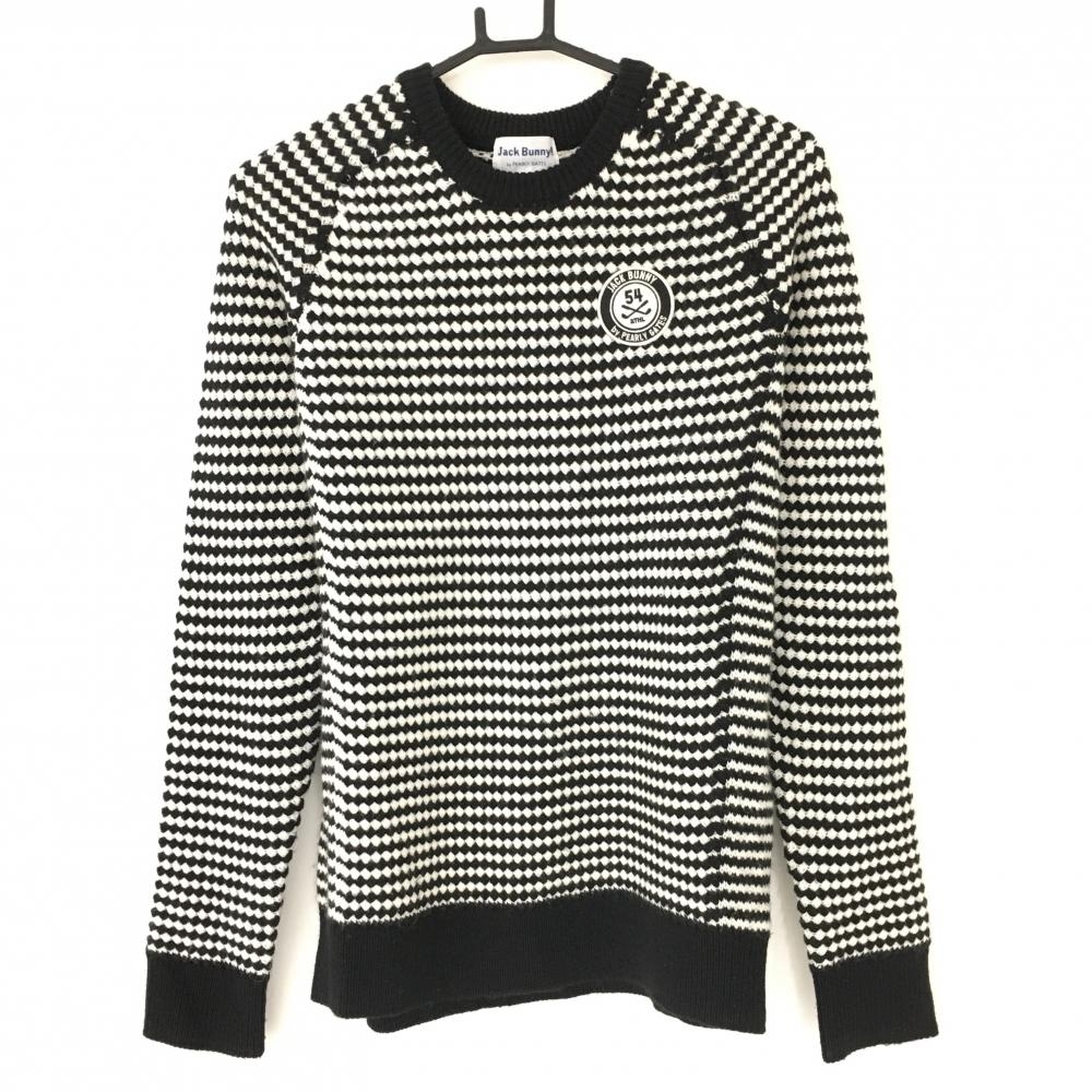 【超美品】ジャックバニー セーター 黒×白 ニット ボーダー 厚手 ウール混 レディース 2(L) ゴルフウェア Jack Bunny