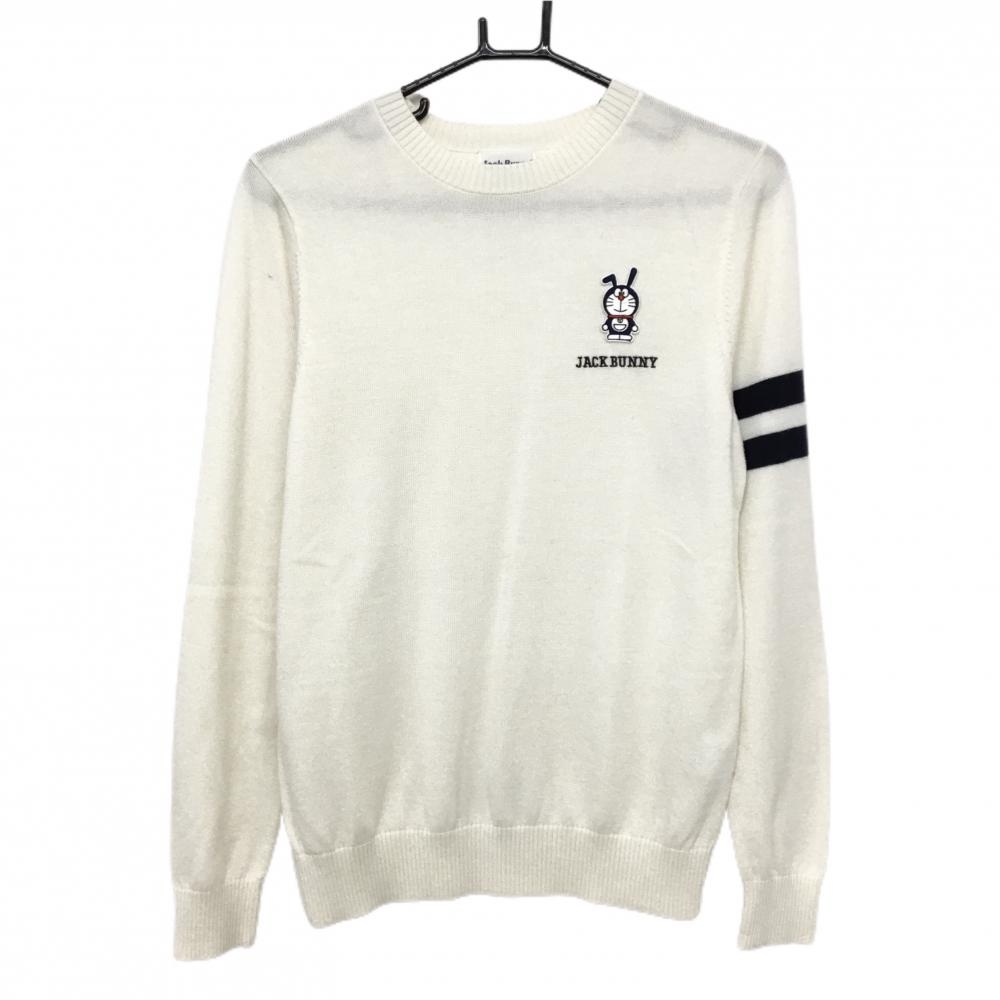 【超美品】ジャックバニー×ドラえもん セーター 白×ネイビー ニット ウール混 袖ライン レディース 2(L) ゴルフウェア Jack Bunny