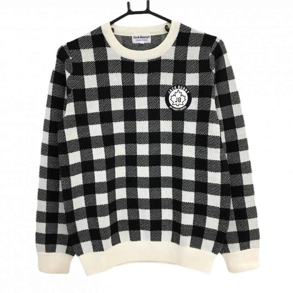 【美品】ジャックバニー セーター 白×黒 ブロックチェック ウール混 ニット レディース 2(L) ゴルフウェア Jack Bunny