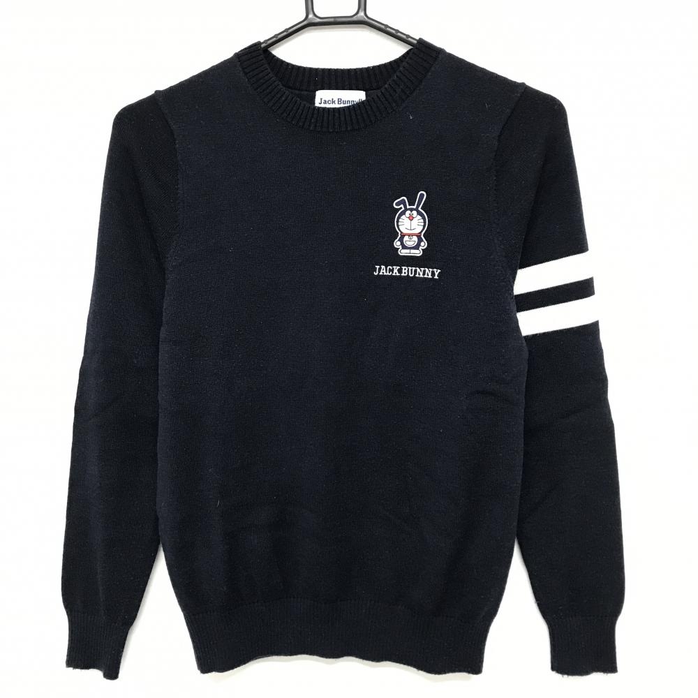 ジャックバニー×ドラえもん セーター ネイビー×白 ワッペン 袖ライン ニット ウール混 レディース 0(S) ゴルフウェア Jack Bunny