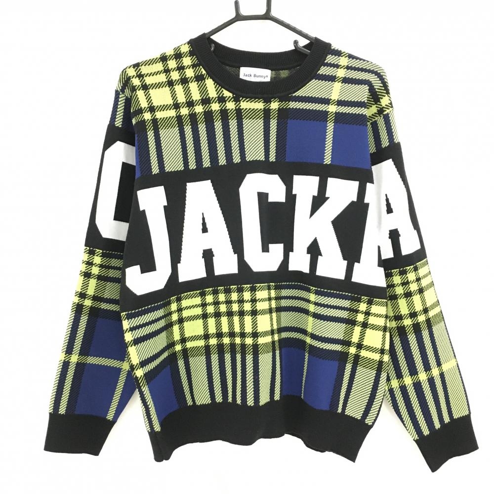 【新品】ジャックバニー セーター ネイビー×イエロー×白 チェック ロゴ ニット  レディース 2(L) ゴルフウェア 2024年モデル Jack Bunny