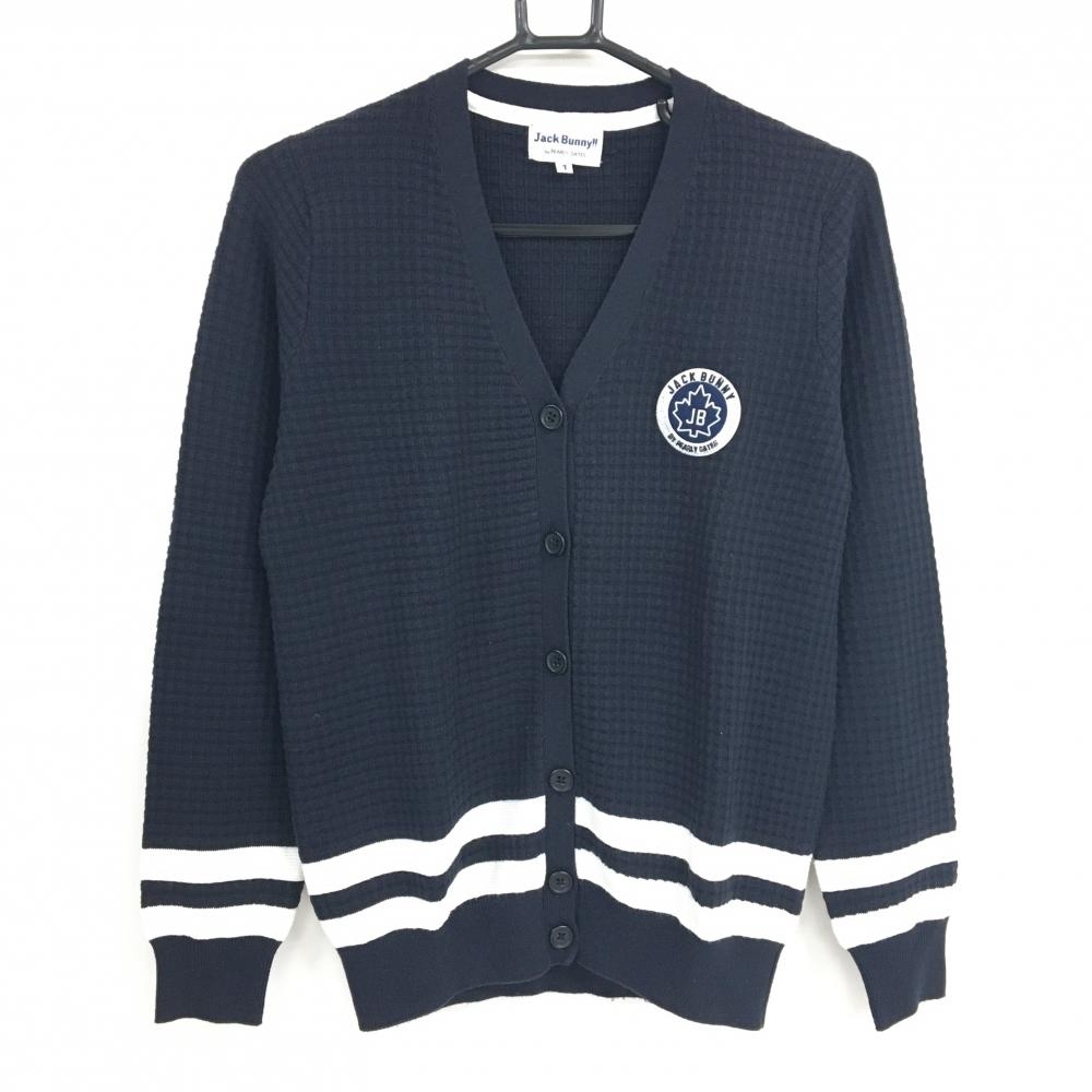 【美品】ジャックバニー ニットカーディガン ネイビー×白 凹凸編み 一部ライン アクリル混  レディース 1(M) ゴルフウェア Jack Bunny