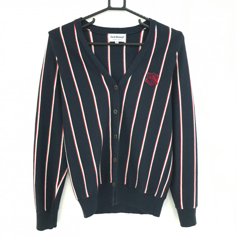 【美品】ジャックバニー カーディガン ネイビー×白×レッド ストライプ ウール混 Vネック  レディース 0(S) ゴルフウェア Jack Bunny