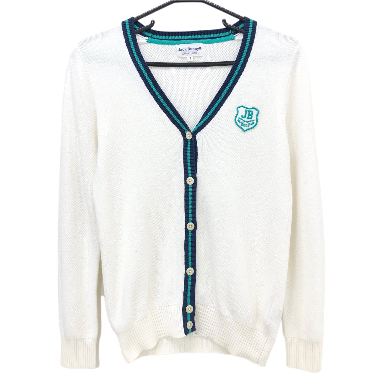 ジャックバニー ニットカーディガン 白×ブルーグリーン×ネイビー ワッペン レディース 1(M) ゴルフウェア Jack Bunny