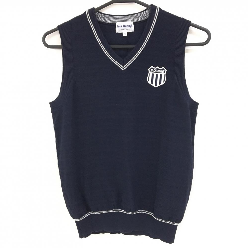 【美品】ジャックバニー ニットベスト ネイビー×白 Vネック ボーダー ロゴワッペン レディース 1(M) ゴルフウェア Jack Bunny