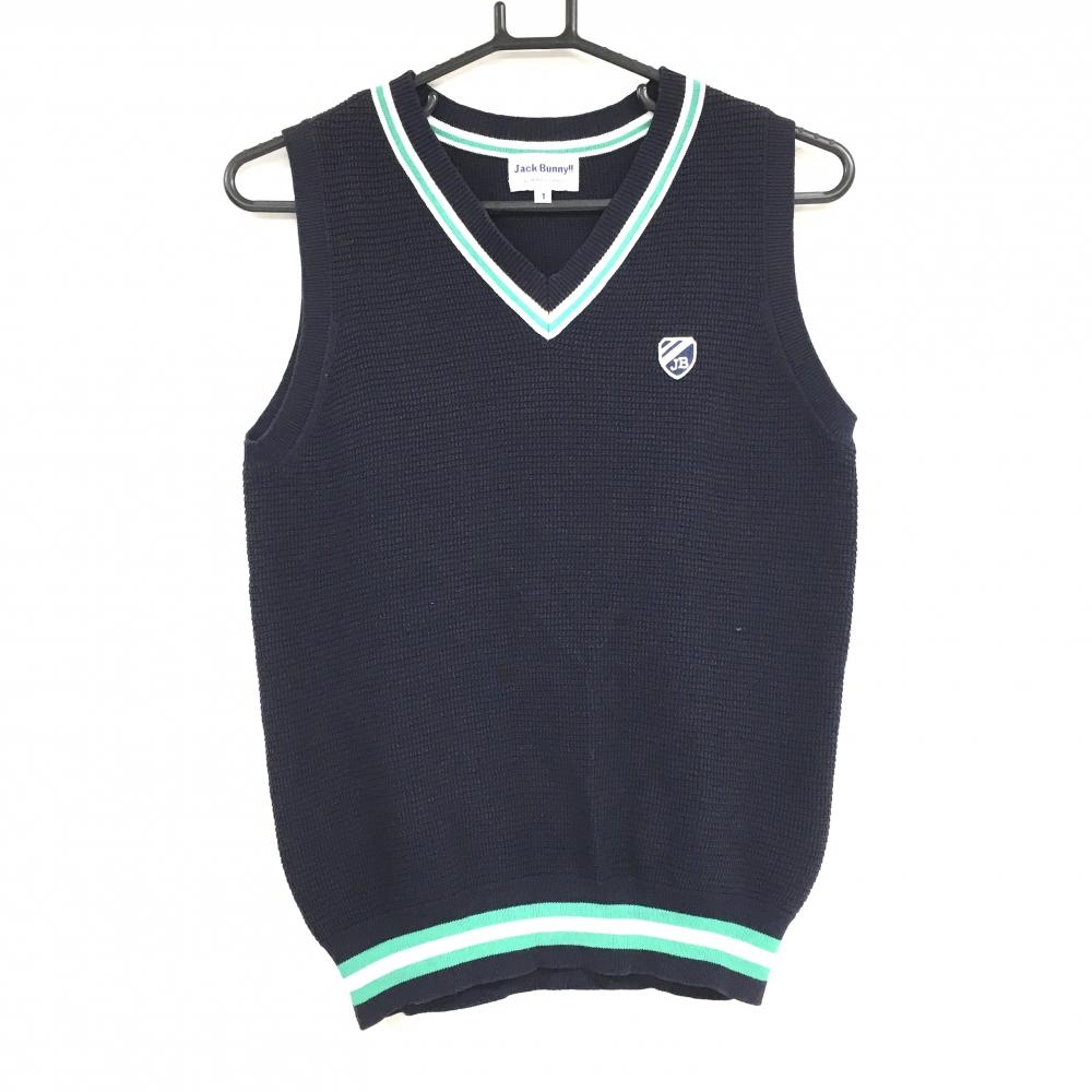 ジャックバニー ニットベスト ネイビー×グリーン ネック裾ライン コットン混 レディース 1(M) ゴルフウェア Jack Bunny