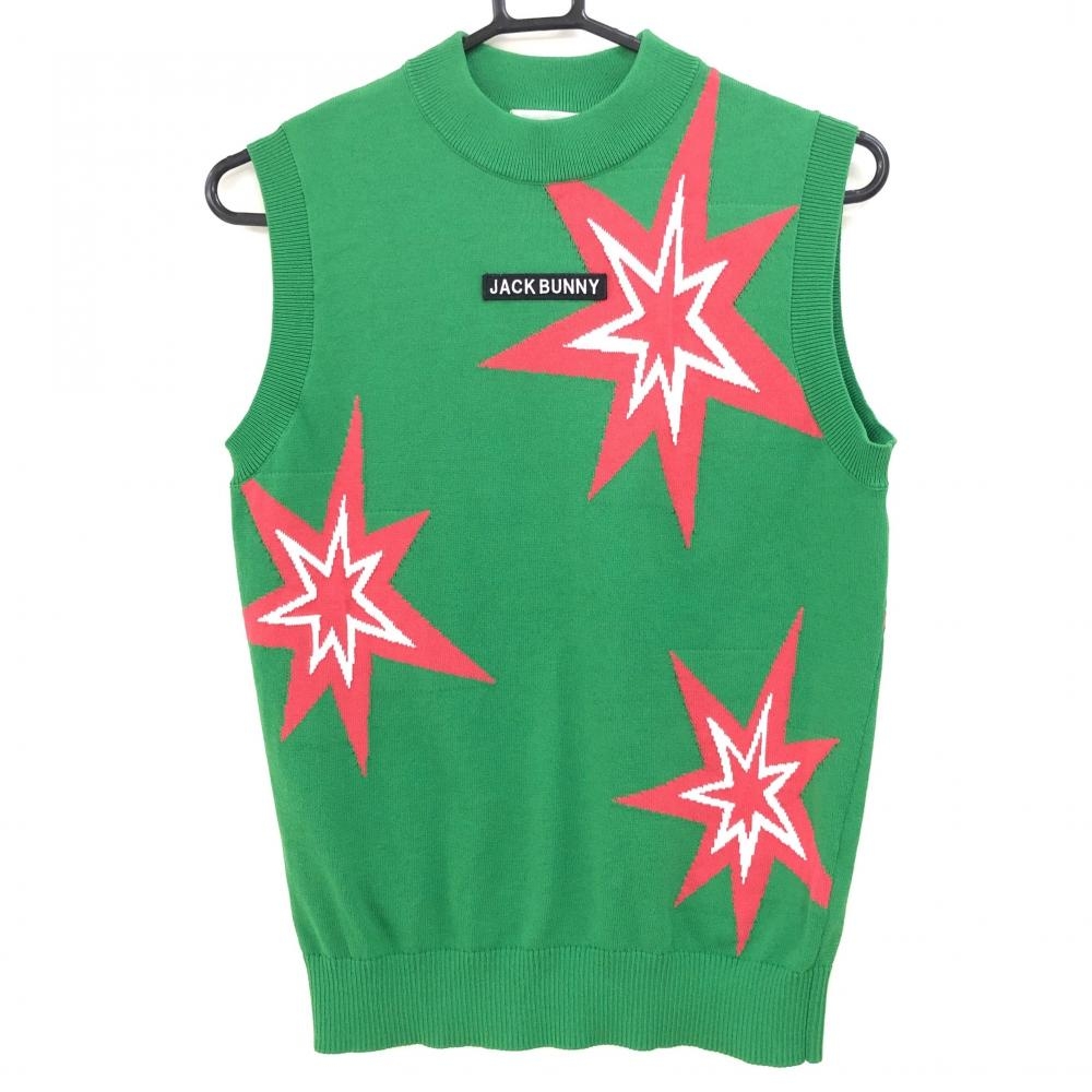 【超美品】ジャックバニー ハイネックニットベスト グリーン×ピンク×白 星柄 レディース 2(L) ゴルフウェア 2023年モデル Jack Bunny