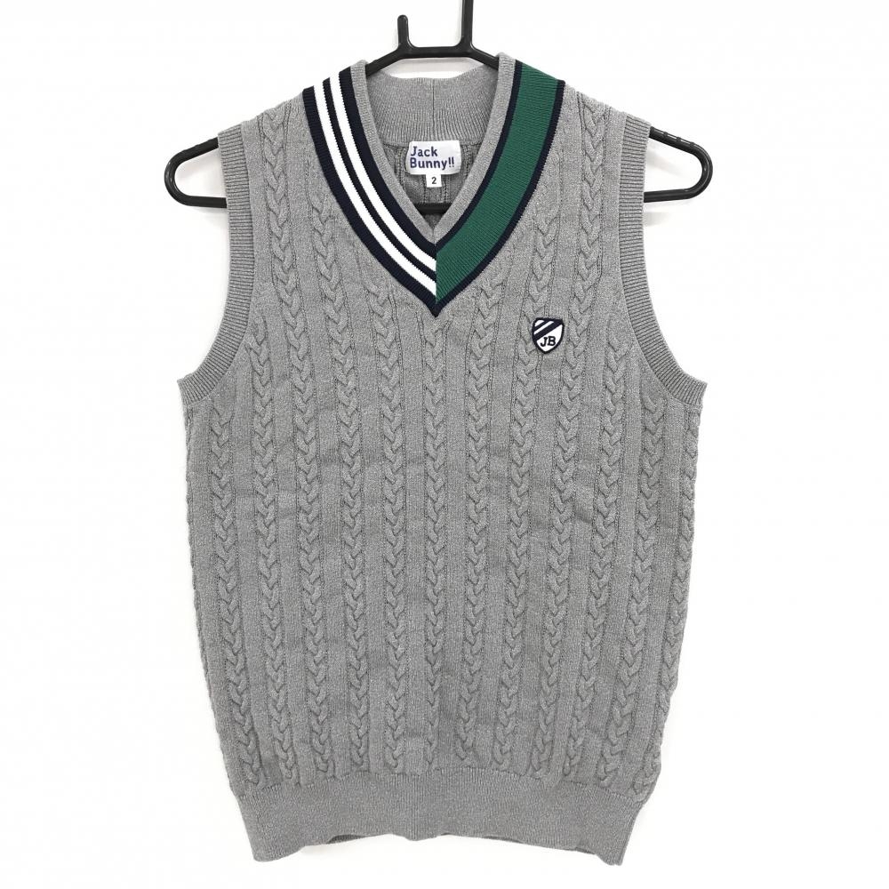 【超美品】ジャックバニー ニットベスト グレー Vネック コットン混 レディース 2(L) ゴルフウェア Jack Bunny