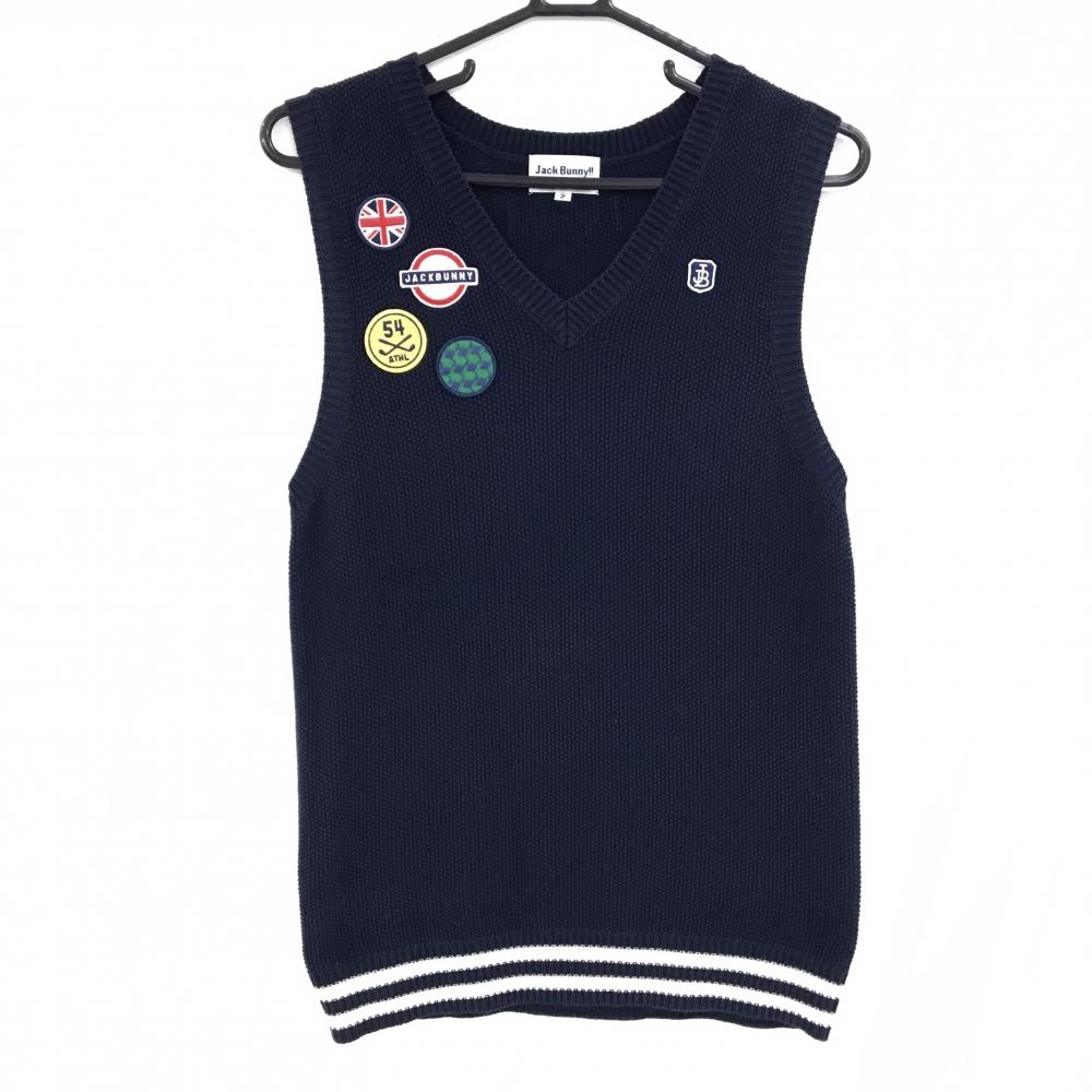 ジャックバニー ニットベスト ネイビー Vネック ワッペン レディース 2(L) ゴルフウェア Jack Bunny