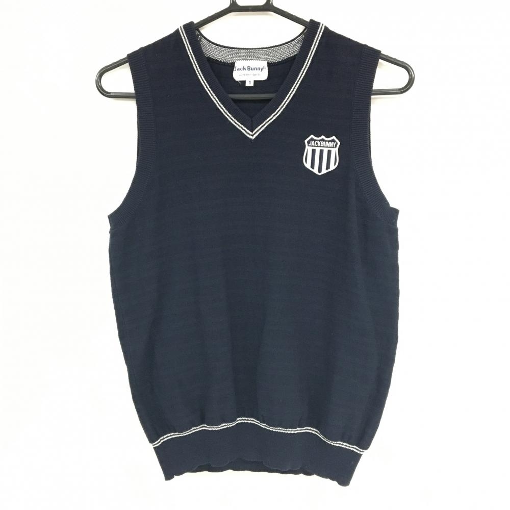 【美品】ジャックバニー ニットベスト ネイビー ボーダー 胸ロゴ Vネック レディース 1(M) ゴルフウェア Jack Bunny