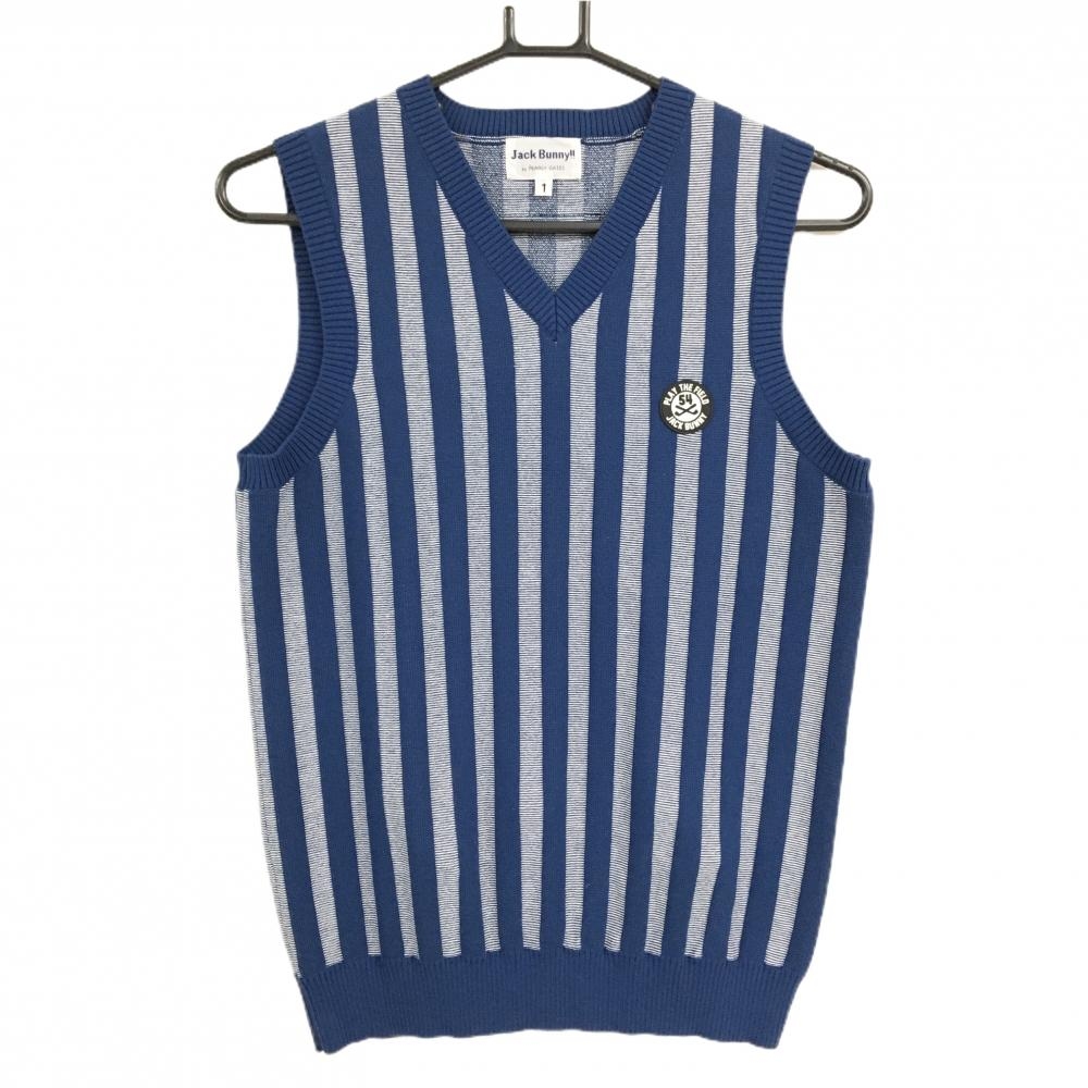 【超美品】ジャックバニー ニットベスト ブルーネイビー系×白 ストライプ Vネック  レディース 1(M) ゴルフウェア Jack Bunny