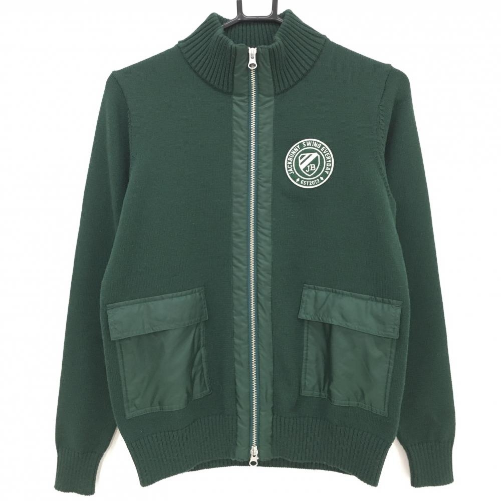 【美品】ジャックバニー ニットジャケット グリーン×白 一部中綿 ウール混 レディース 0(S) ゴルフウェア Jack Bunny
