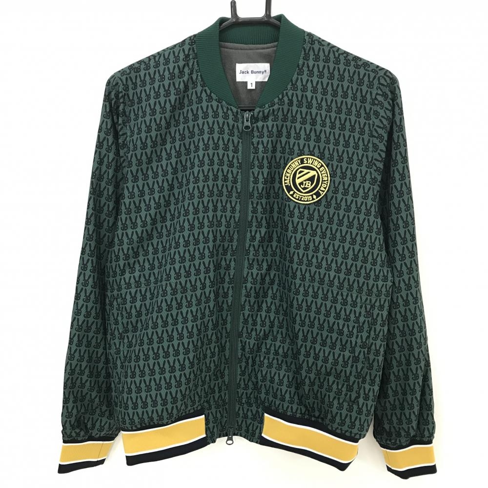 【超美品】ジャックバニー ジャケット グリーン×黒 ロゴ総柄 胸元ワッペン 裏起毛  レディース 1(M) ゴルフウェア Jack Bunny