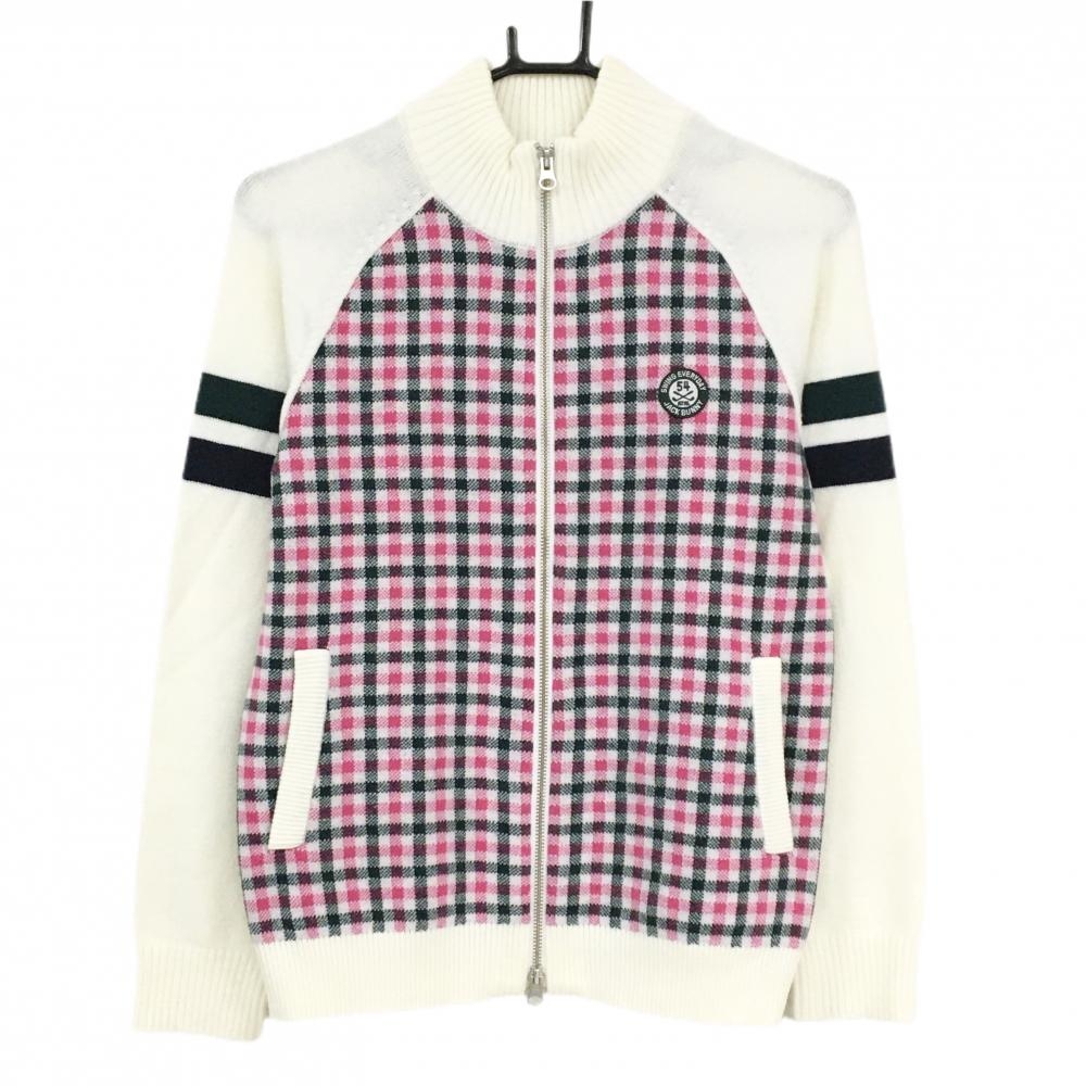 【美品】ジャックバニー ニットジャケット 白×ダークグリーン×ピンク 一部チェック レディース 1(M) ゴルフウェア Jack Bunny