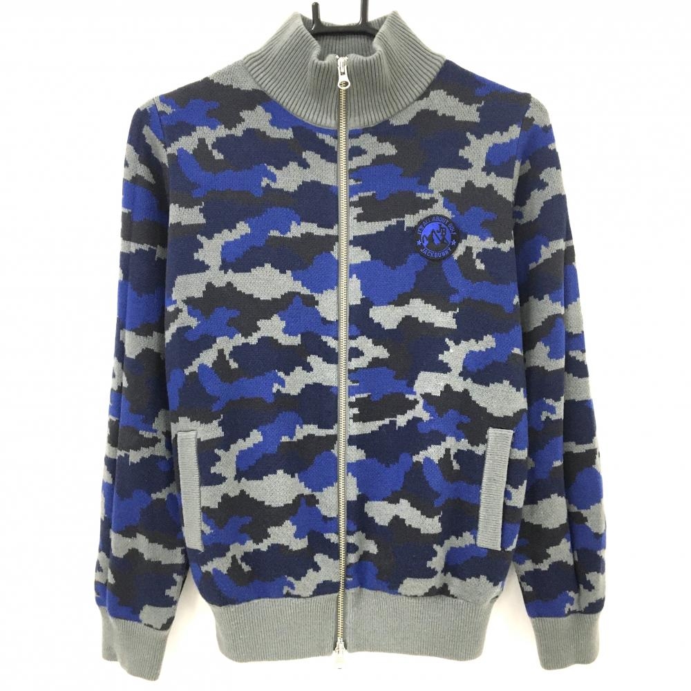 【超美品】ジャックバニー ニットジャケット グレー×ネイビー カモフラ柄 裏地付 レディース 2(L) ゴルフウェア Jack Bunny