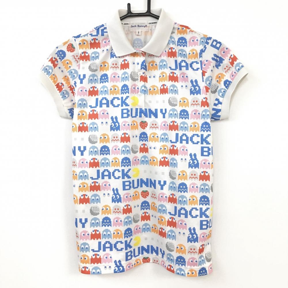 2021年＊Jack Bunny ジャックバニー×PAC-MAN 半袖ポロシャツ 白×レッド×ブルー 総柄 吸水速乾 コラボ レディース 1(M) ゴルフウェア