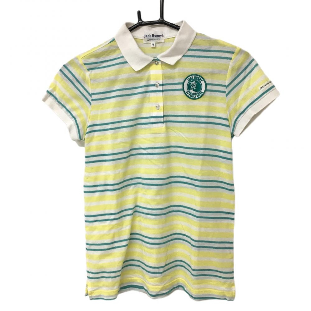 ジャックバニー 半袖ポロシャツ 白×グリーン ボーダー ヤシの木ワッペン  レディース 1(M) ゴルフウェア Jack Bunny