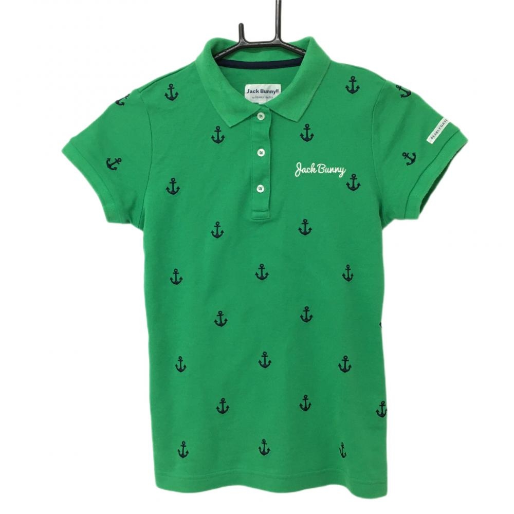 ジャックバニー 半袖ポロシャツ グリーン×ネイビー イカリ柄  レディース 0(S) ゴルフウェア Jack Bunny 画像