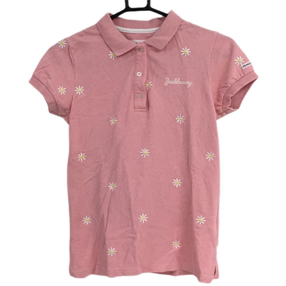 ジャックバニー 半袖ポロシャツ ピンク×白 花柄刺しゅう コットン100％  レディース 0(S) ゴルフウェア Jack Bunny