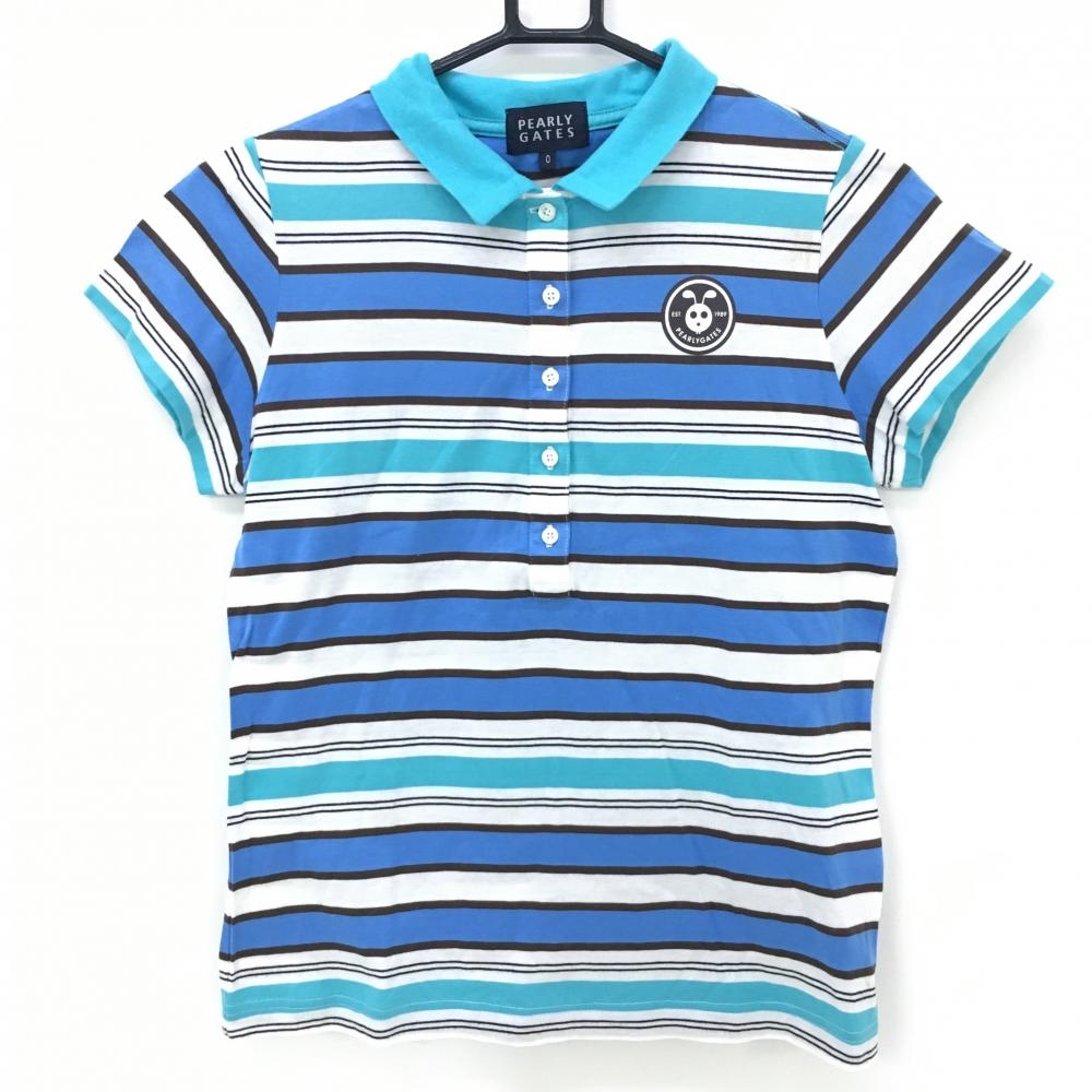 ジャックバニー 半袖ポロシャツ 白×ライトブルー ボーダー  レディース 0(S) ゴルフウェア Jack Bunny