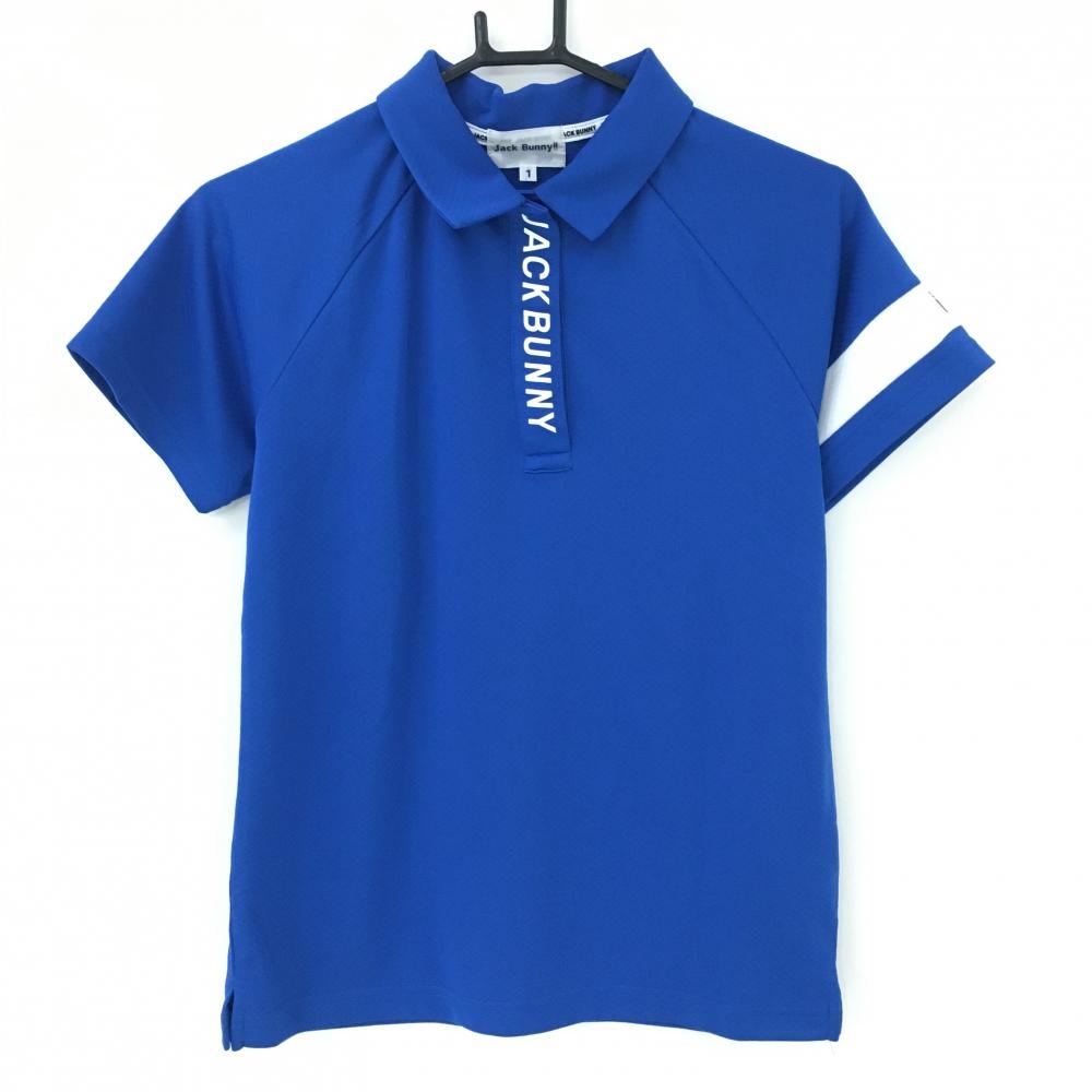 【美品】ジャックバニー 半袖ポロシャツ ブルー×白 スナップボタン ロゴプリント レディース 1(M) ゴルフウェア Jack Bunny