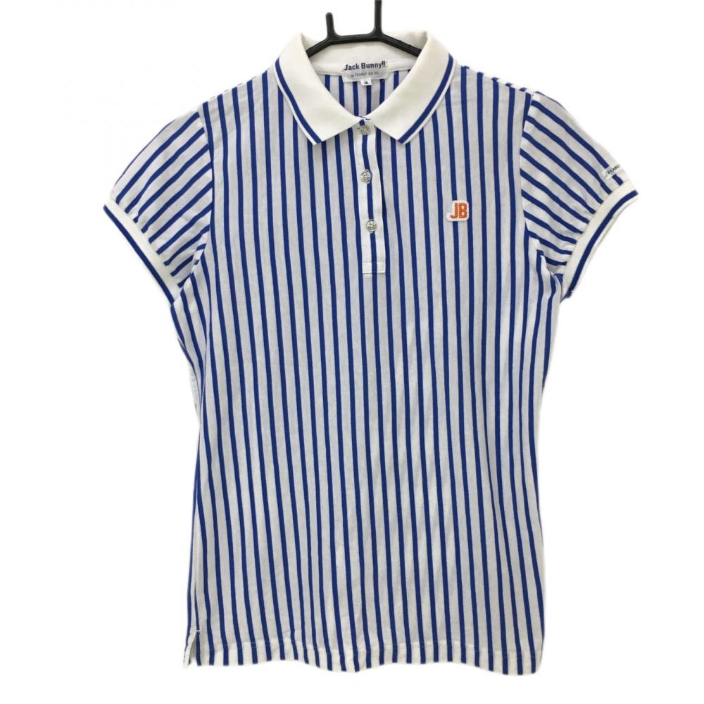 【超美品】ジャックバニー 半袖ポロシャツ　白×ブルー ストライプ  レディース 2(L) ゴルフウェア Jack Bunny