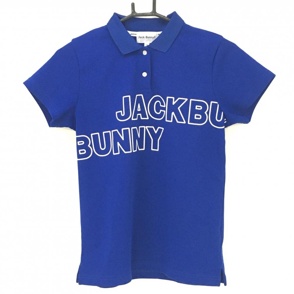 ジャックバニー 半袖ポロシャツ ブルー×白 ロゴプリント レディース 2(Ｌ) ゴルフウェア 2022年モデル Jack Bunny
