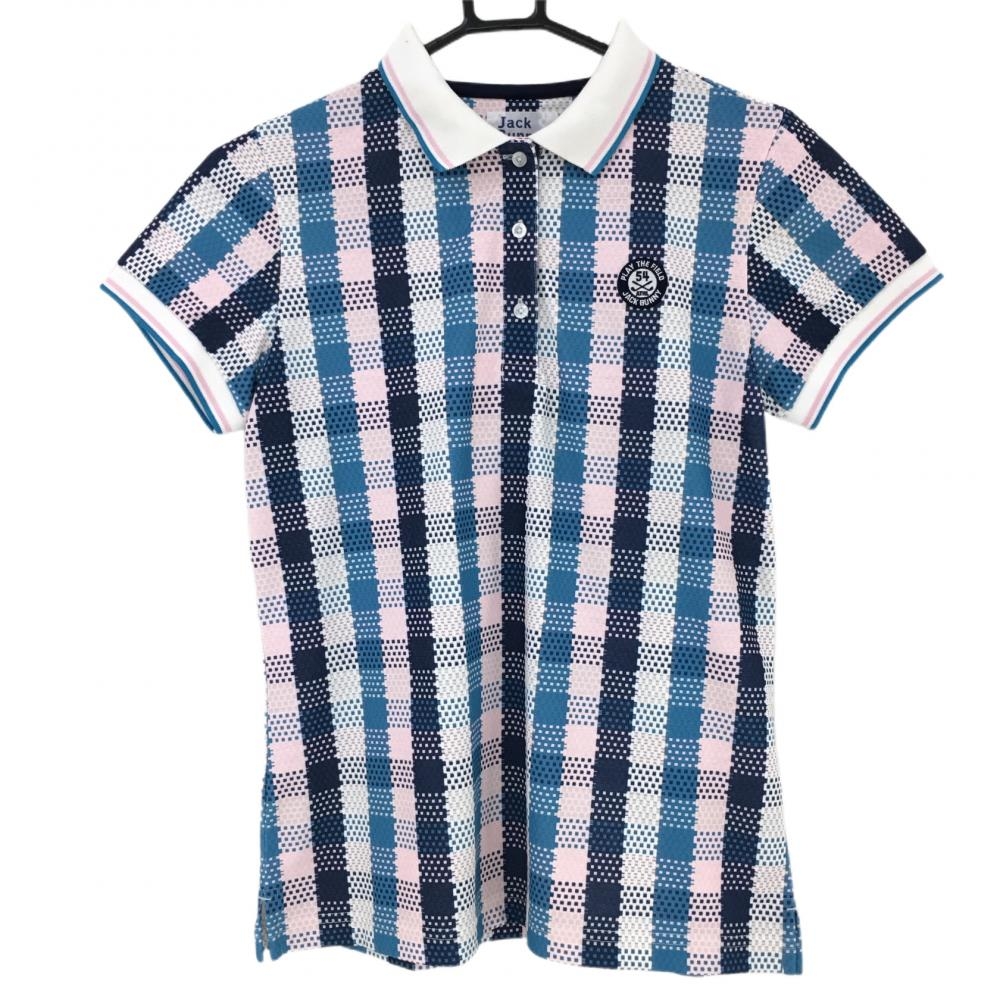ジャックバニー 半袖ポロシャツ ネイビー×ピンク チェック レディース 1(M) ゴルフウェア Jack Bunny