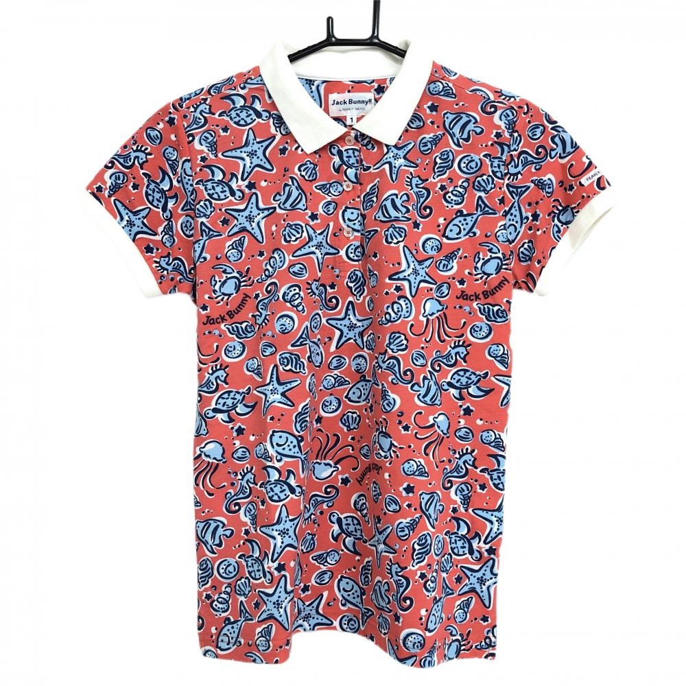 ジャックバニー 半袖ポロシャツ レッド×ライトブルー 総柄 魚 貝  レディース 1(M) ゴルフウェア Jack Bunny