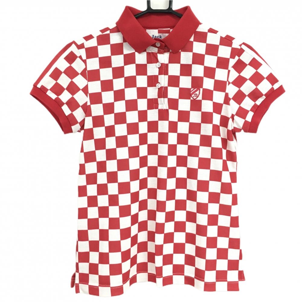 【美品】ジャックバニー 半袖ポロシャツ レッド×白 ブロックチェック柄 背面ストライプ レディース 1(M) ゴルフウェア Jack Bunny